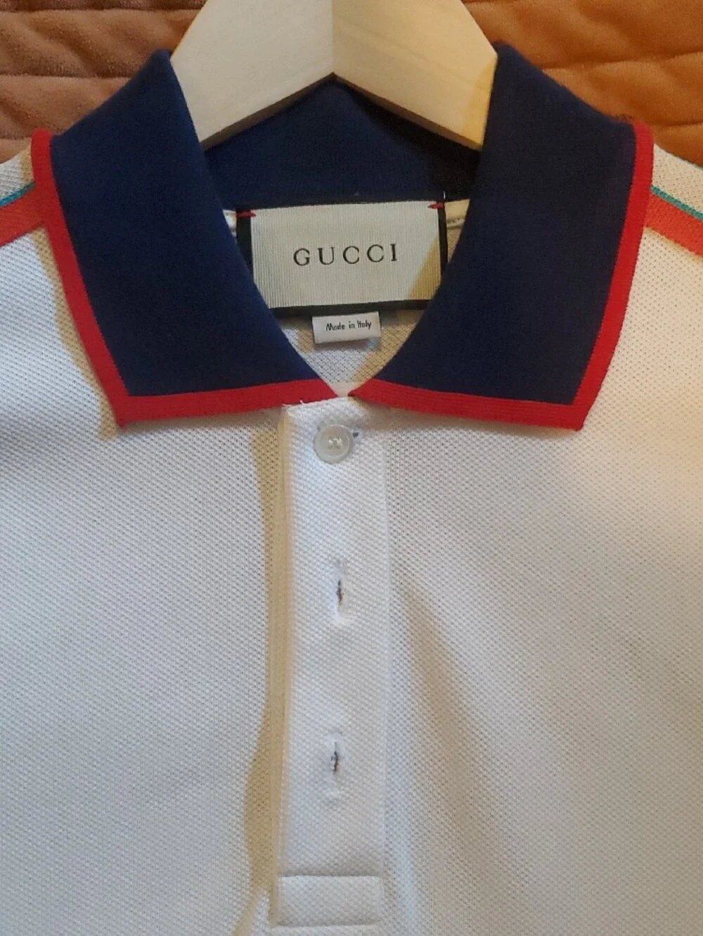Gucci White Polo with Navy Collar and Red-Trim Shoulder Stripes